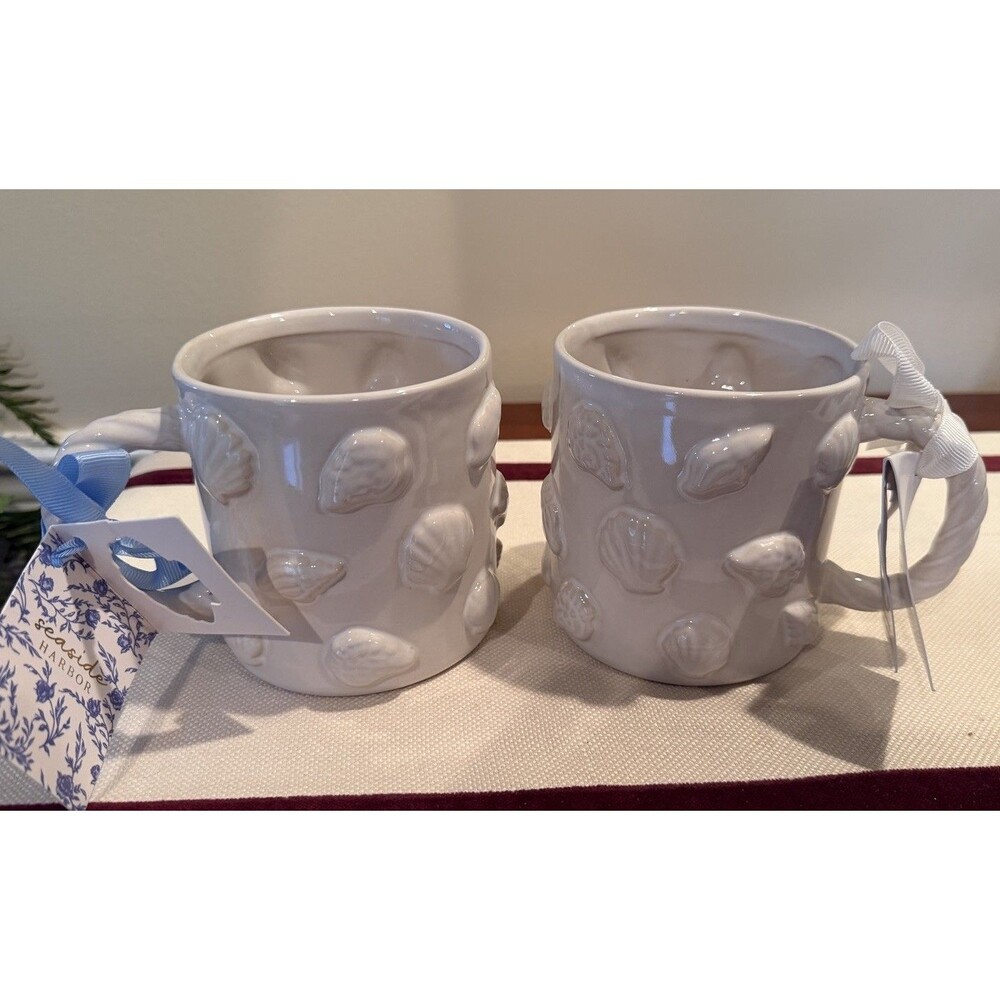 NEW Sunday Morning Coffee Mugs Set of 2 with 3D Seashell Pattern Ceramic